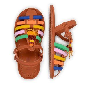 FARM RIO Caramel Beaded Rainbow Tube Strap Sandal 8 NEW Colorful Tassels